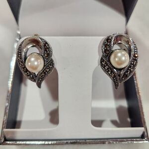 Vintage Silver Clip On Earrings with Pearl and Marcasites